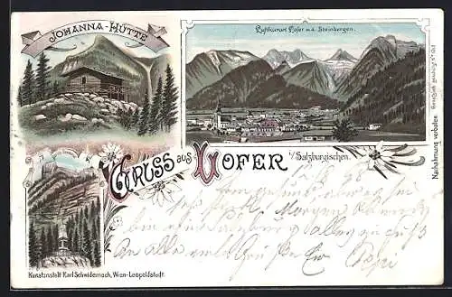 Lithographie Lofer / Salzburg, Johanna-Hütte, Strub-Denkmal, Ortsansicht mit den Steinbergen