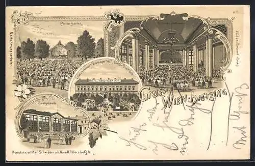 Lithographie Wien, Hietzing, Hotel Hietzinger Hof v. Gust. Todt mit Concert- & Ballsaal und Concertgarten