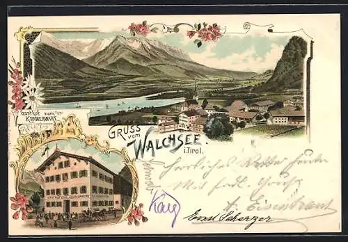 Lithographie Walchsee, Gasthof zum Kramerwirt, Gesamtansicht