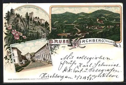 Lithographie Kirchberg a. Pielach, Strassenpartie am Gasthaus Michael Stolz, Ruine Weissenburg