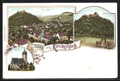 Lithographie Kirchschlag, Blick über die Dächer, Rehe, Schloss