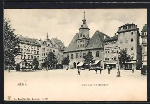 AK Jena, Marktplatz mit Rathaus und Geschäften