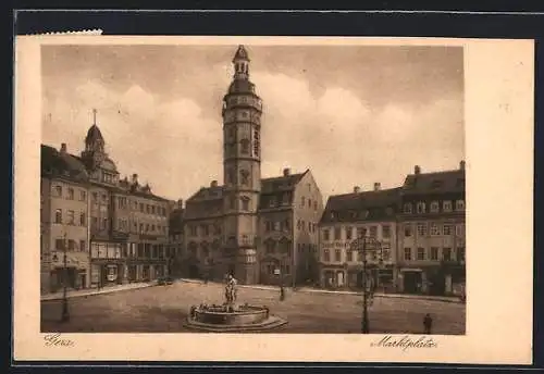 AK Gera, Marktplatz mit Geschäften und Brunnen