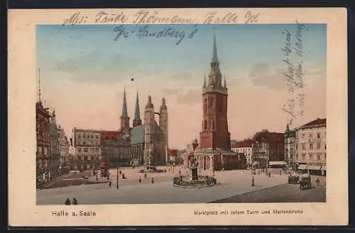 AK Halle a. Saale, Marktplatz mit rotem Turm und Marienkirche