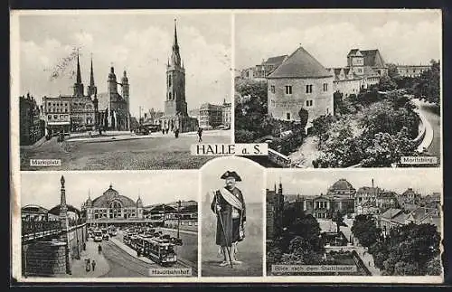 AK Halle a. S., Moritzburg, Marktplatz, Hauptbahnhof mit Strassenbahn