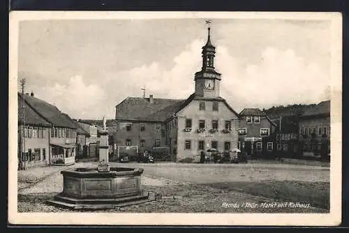 AK Remda / Th., Blick auf den Markt mit Rathaus und Brunnen