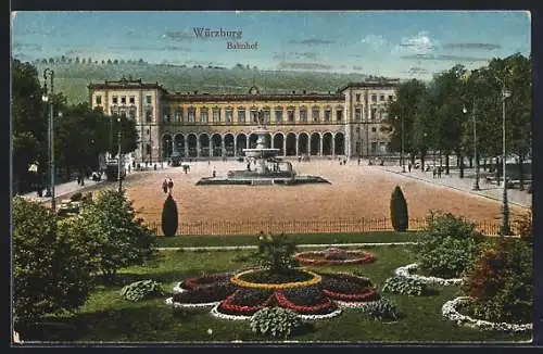 AK Würzburg, Bahnhof mit Brunnen