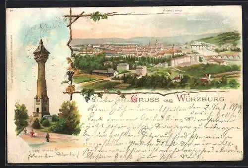 Lithographie Würzburg, Franken Warte, Panorama