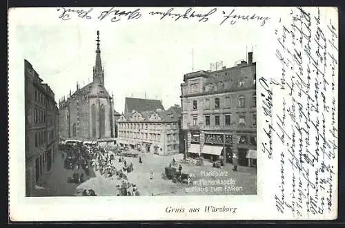 AK Würzburg, Marktplatz mit Marienkapelle und Haus zum Falken