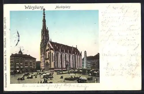 AK Würzburg, Marktplatz mit Verkaufsständen und leuchtenden Fenstern