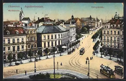 AK Hannover, Strassenbahnen am Aegidientorplatz, Marktkirche und Georgstrasse