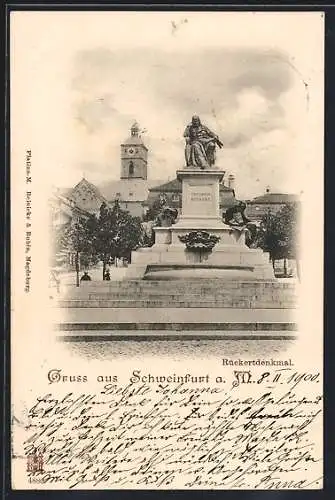 AK Schweinfurt a. M., Rückertdenkmal mit Blick auf Kirchturm