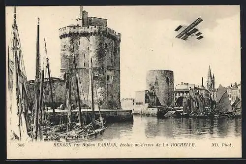 AK La Rochelle, Renaux sur Biplan Farman, èvolue au-dessus