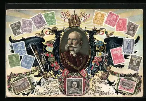 AK 60. Regierungsjubiläum von Kaiser Franz Josef I. von Österreich, Briefmarken, 1908