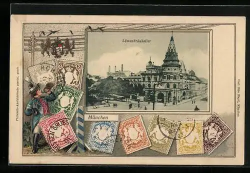 AK München, Löwenbräukeller mit Wappen und Briefmarken