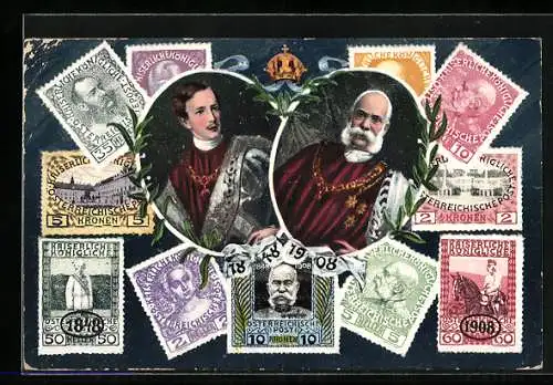 AK 60 jähriges Thronjubiläum Kaiser Franz Josef I. von Österreich 1848-1908, versch. Briefmarken, Porträts