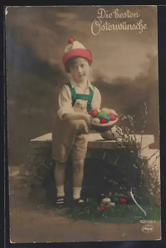 Foto-AK Amag Nr.62159 /1: Die besten Osterwünsche, Junge mit einem Körbchen Ostereier