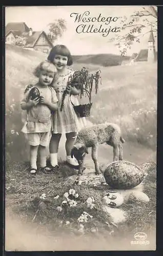 Foto-AK Amag Nr.63258 /5: Zwei kleine Mädchen mit Schäfchen zum Osterfest