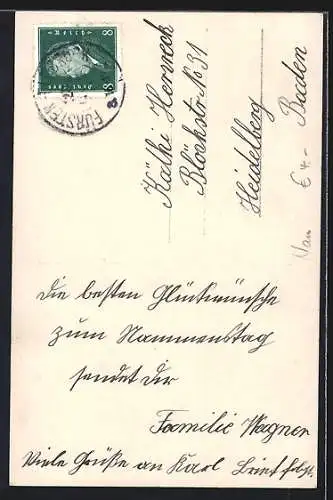 Foto-AK RPH Nr.4962 /6: Glückwunsch zum Namenstage, kleines Mädchen mit einem Strauss Rosen