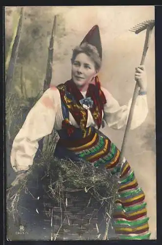 Foto-AK RPH Nr.6489 /5: Bäuerin in Tracht mit Rechen und einem Korb Heu