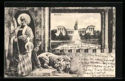 AK München, Bavaria, Geistlicher und Münchner Kindl, Passepartout