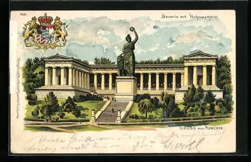 Lithographie München, Bavaria mit Ruhmeshalle, Wappen