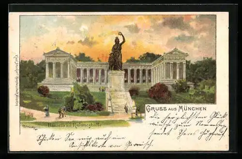 Lithographie München, Bavaria mit Ruhmeshalle.