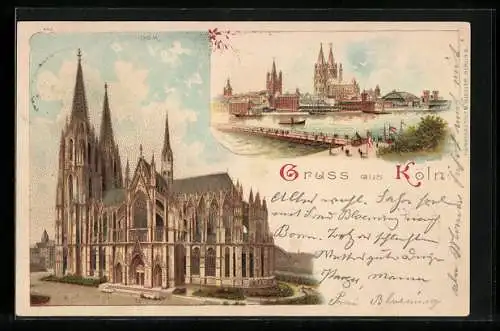 Lithographie Köln, Der Kölner Dom, Stadtansicht von Deutz aus