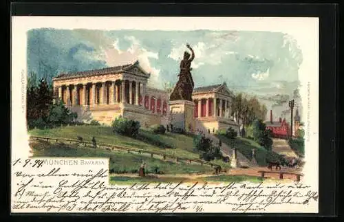 Lithographie München, Partie an der Bavaria und Ruhmeshalle