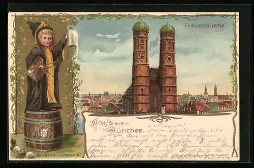 Lithographie München, Frauenkirche, Münchner Kindl mit Bierkrug