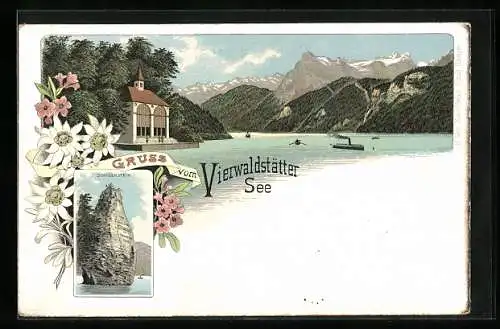 Lithographie Sisikon /Vierwaldstättersee, Tells-Kapelle, Schillerstein