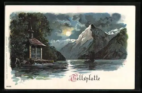 Lithographie Sisikon, Tellsplatte mit Tellskapelle