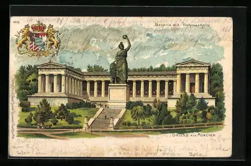 Lithographie München, Bavaria mit Ruhmeshalle, Wappen