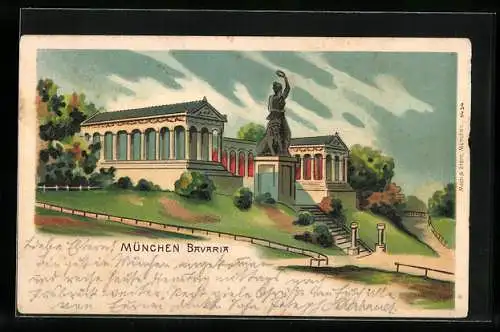 Lithographie München, Bavaria mit Ruhmeshalle