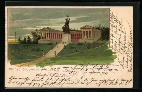 Lithographie München, Blick zur Bavaria Statue und Ruhmeshalle