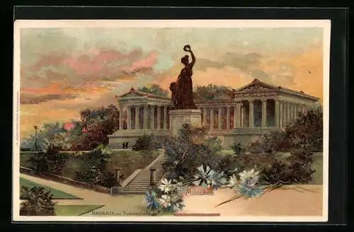 Lithographie München, Bavaria und Ruhmeshalle bei Dämmerung