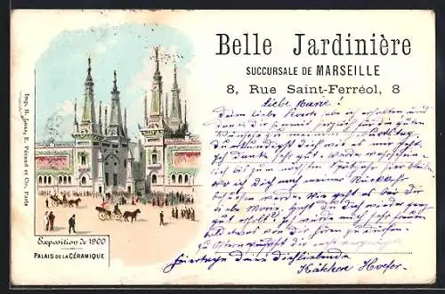 Lithographie Paris, Exposition universelle de 1900, Palais de la Céramique, Belle Jardinière, 8, Rue Saint-Ferréol