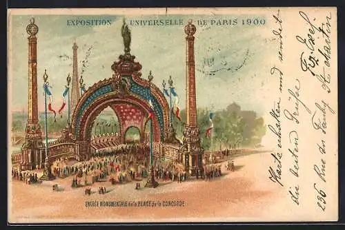 Lithographie Paris, Exposition universelle de 1900, Entrée Monumentale de la Place de la Concorde, Haupteingang