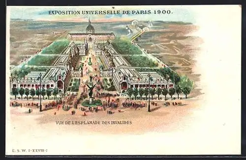 Lithographie Paris, Weltaustellung Exposition Universelle 1900, Vue de l`Esplenade des Invalides