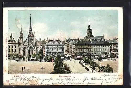 AK Leipzig, Augustusplatz mit Kirche und Geschäften