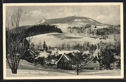 AK Lückendorf /Zittauer Gebirge, Ortspartie mit Kapelle im Winter