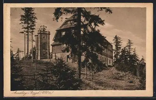 AK Auersberg i. Erzgeb., Unterkunftshaus mit Aussichtsturm