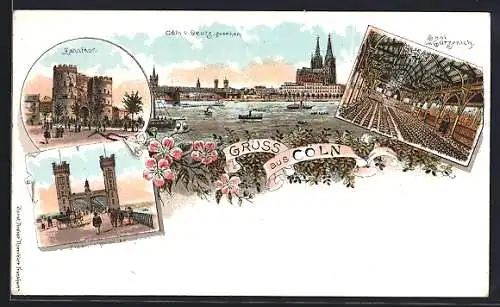 Lithographie Köln, Uferpartie mit Dom von Deutz gesehen, Inneres Saal im Gürzenich, Hahntor