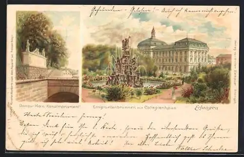 Lithographie Erlangen, Emigrantenbrunnen, Collegienbrunnen und Donau-Main-Kanalmonument