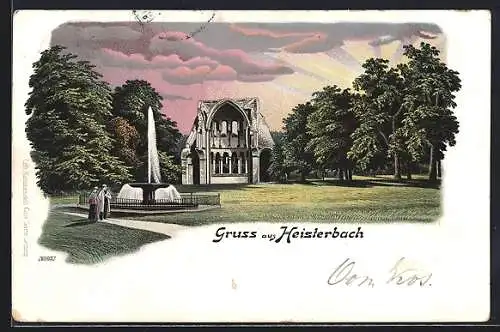 Lithographie Heisterbach, Ortspartie mit Springbrunnen