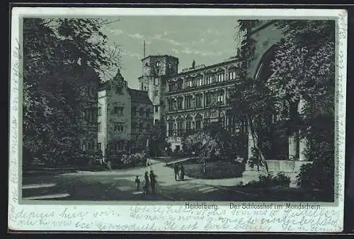 Mondschein-Lithographie Heidelberg, Schlosshof im Vollmondlicht