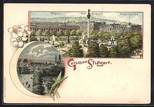 Lithographie Stuttgart, Königsbau, Hotel Marquardt, Königin-Olga-Bau, Teilansicht bei Vollmond