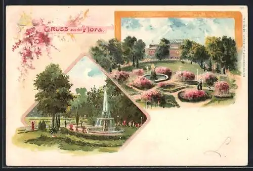 Lithographie Berlin-Charlottenburg, Gasthaus zur Flora, Springbrunnen im Garten