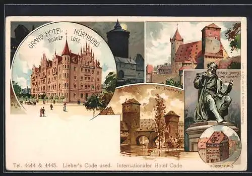 Lithographie Nürnberg, Grand Hotel Nürnberg, Inh. Rudolf Lotz, Der Henkersteg, Hans Sachs Monument, Dürer-Haus