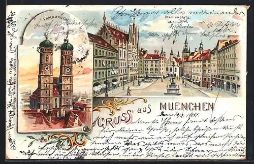 Lithographie München-Au, Frauenkirche, Marienplatz mit Denkmal